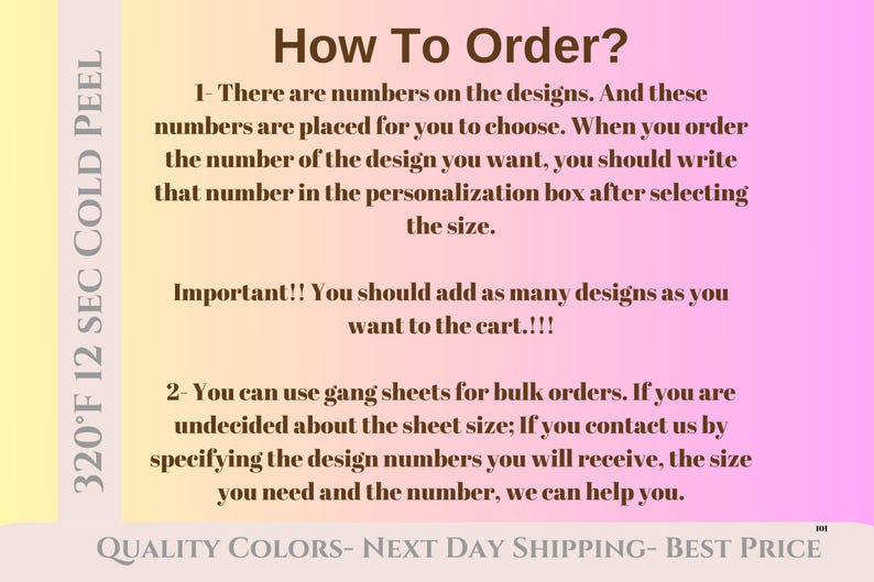 K&ouml;nnte beinhalten: Grafik mit Anweisungen zur Bestellung von individuellen Designs. Der Text ist braun auf einem gelb-rosa Farbverlauf. Sie enth&auml;lt Details zu Designnummern, Personalisierung und Gro&szlig;bestellungen.
