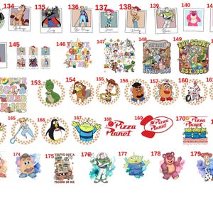 May include: A collection of colorful Toy Story character images, including Buzz Lightyear, Woody, and others, arranged in various circular and rectangular designs. Some designs feature text like "Pizza Planet" and "Toy Story EST. 1995".