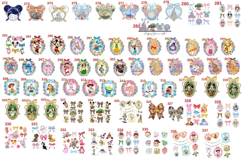 K&ouml;nnte beinhalten: Eine Sammlung von Aufklebern und Schleifen zum Thema Disney. Die Aufkleber zeigen verschiedene Charaktere wie Micky Maus, Winnie Puuh und Prinzessinnen. Die Schleifen sind in verschiedenen Farben und Mustern erh&auml;ltlich, einschlie&szlig;lich Tiermotiven.