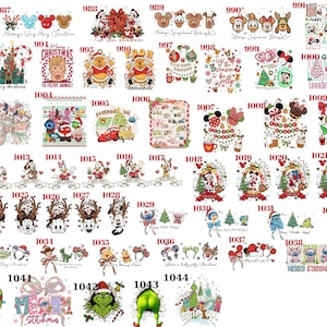 May include: A collection of colorful Christmas-themed graphic designs featuring various cartoon characters, holiday motifs, and festive text, arranged in a grid format with individual identification numbers ranging from 986 to 1045.