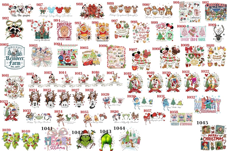 May include: A collection of colorful Christmas-themed graphic designs featuring various cartoon characters, holiday motifs, and festive text, arranged in a grid format with individual identification numbers ranging from 986 to 1045.