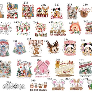 May include: A collection of Christmas-themed Disney designs. The images feature Mickey and Minnie Mouse, Stitch, Winnie the Pooh, and other characters in festive settings. Some designs include text like "Merry Christmas" and "Mickey's Christmas Tree Farm."