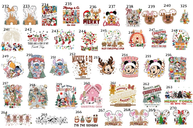 May include: A collection of Christmas-themed Disney designs. The images feature Mickey and Minnie Mouse, Stitch, Winnie the Pooh, and other characters in festive settings. Some designs include text like "Merry Christmas" and "Mickey's Christmas Tree Farm."