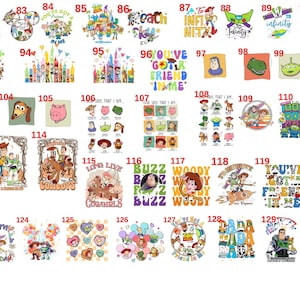 May include: A collection of colorful graphic designs featuring characters and themes from the animated movie series, Toy Story. Designs include characters like Woody, Buzz Lightyear, and others, with text elements.