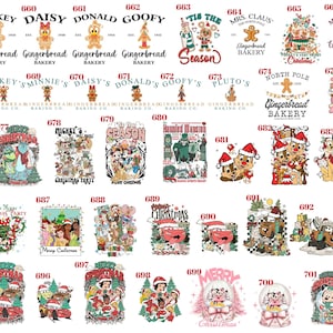 May include: A collection of numbered graphic designs featuring various cartoon characters in Christmas-themed settings, including gingerbread figures, holiday scenes, and festive text like Merry Christmas and Tis the Season in multiple colors.