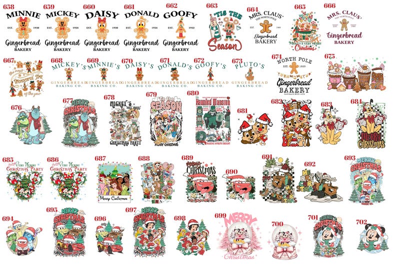 May include: A collection of numbered graphic designs featuring various cartoon characters in Christmas-themed settings, including gingerbread figures, holiday scenes, and festive text like Merry Christmas and Tis the Season in multiple colors.