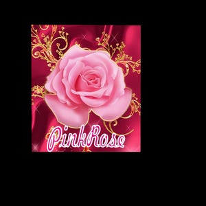 May include: A digital graphic featuring a large, light pink rose centered against a deep magenta, satin-like background. Golden, swirling filigree accents surround the flower. The text "PinkRose" is written in a white, stylized cursive font below.