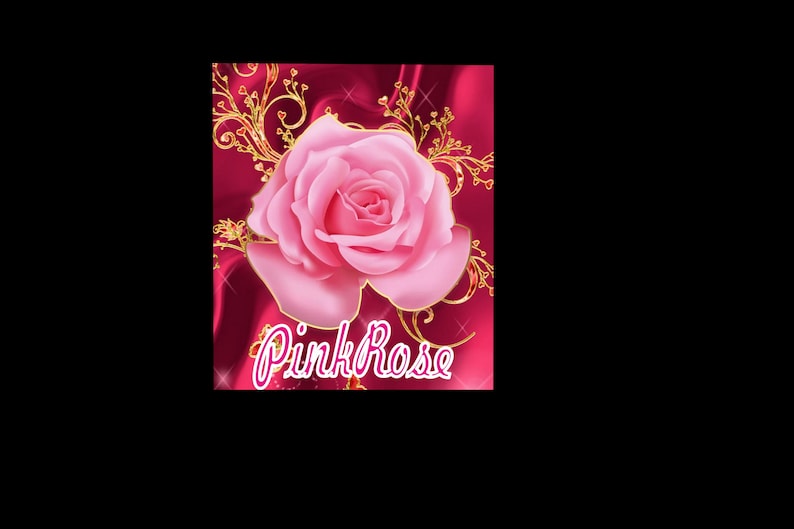 May include: A digital graphic featuring a large, light pink rose centered against a deep magenta, satin-like background. Golden, swirling filigree accents surround the flower. The text "PinkRose" is written in a white, stylized cursive font below.