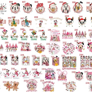 May include: A collection of numbered graphic designs featuring Disney characters in various Christmas-themed settings, including Mickey Mouse, Minnie Mouse, Donald Duck, Daisy Duck, Goofy, and Pluto, with text elements like Disneyland and Christmas.