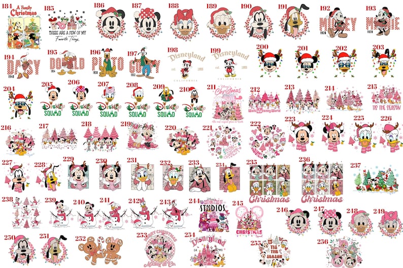 May include: A collection of numbered graphic designs featuring Disney characters in various Christmas-themed settings, including Mickey Mouse, Minnie Mouse, Donald Duck, Daisy Duck, Goofy, and Pluto, with text elements like Disneyland and Christmas.
