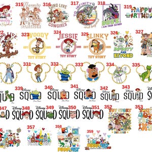 May include: A collection of Disney and Pixar-themed designs, featuring characters from Toy Story, Monsters, Inc., and more. Designs include character portraits, quotes, and the words "SQUAD" and "Happy Birthday."
