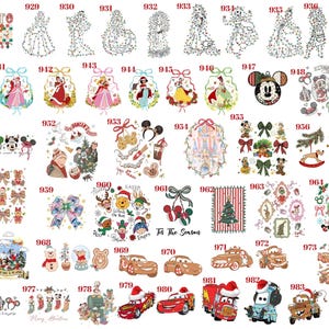 May include: A collection of numbered graphic designs featuring various cartoon characters, holiday themes, Disney-inspired castles, and festive motifs. The images include colorful illustrations of characters like Goofy, Pluto, and Lightning McQueen, alongside Christmas trees, bows, and ornaments.