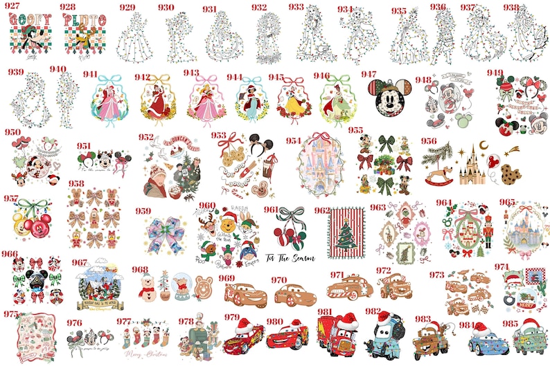May include: A collection of numbered graphic designs featuring various cartoon characters, holiday themes, Disney-inspired castles, and festive motifs. The images include colorful illustrations of characters like Goofy, Pluto, and Lightning McQueen, alongside Christmas trees, bows, and ornaments.