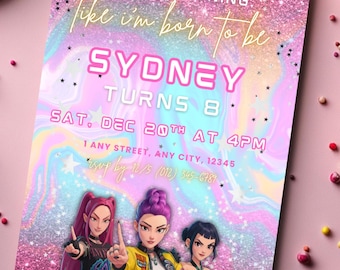 May include: A pink invitation with glitter accents, featuring the text "Sydney Turns 8" and event details. The design includes illustrations of three animated characters. The invitation's theme is a birthday celebration.