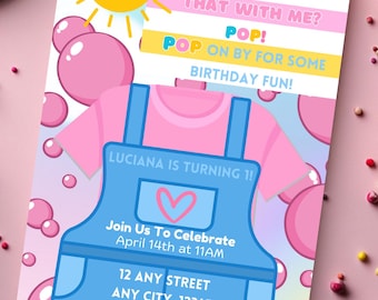 May include: A colorful birthday invitation with a cartoon sun, pink and blue bubbles, and a blue overall with a pink shirt. The text reads "POP! Can you say that with me? POP! POP on by for some birthday fun! Luciana is turning 1! Join us to celebrate April 14th at 11 AM 12 Any Street Any City, 12345 Please RSVP by 4/1 (012) 123-1234"