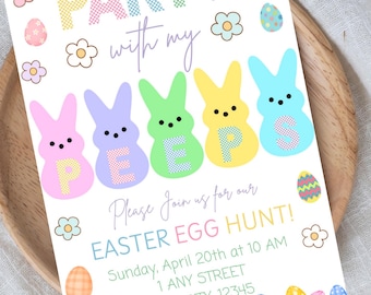 Puede incluir: Una invitación colorida para una búsqueda de huevos de Pascua con el texto "PARTY with my PEEPS" y una fila de cuatro conejos de malvavisco Peeps de color pastel. La invitación incluye la fecha, la hora y la ubicación del evento.