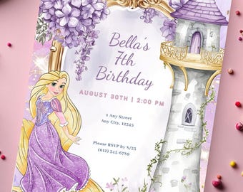 Può includere: Invito di compleanno viola e dorato con un'immagine di cartone animato di Rapunzel, una torre e una rana. Il testo recita "Bella's 7th Birthday, August 30th | 2:00 PM, 1 Any Street, Any City, 12345, Please RSVP by 8/23, (012) 345-6789."