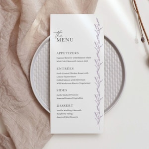 Plantilla de menú de boda en tonos lavanda, menú floral de líneas finas, plantilla editable, flores dibujadas a mano, menú de cena, flores botánicas LAV