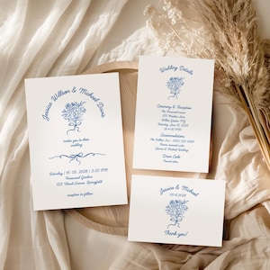 Fantazyjny zestaw zaproszeń ślubnych, edytowalny szablon ślubny, karta RSVP, Fantazyjny zestaw zaproszeń ślubnych, wzór kokardy w stylu vintage JES