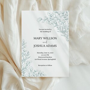 Eucalyptus Wedding Invitation Template, Fine Line Floral Invite, Editable Card, Printable Wedding, Hand Drawn Botanical Flowers EUC
