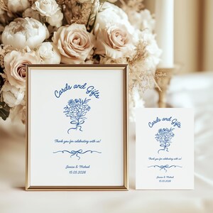 Hand Drawn Cards and Gifts Sign Template, Wedding Gift Table Card, Editable Canva Template, Vintage Bow Card, Whimsical Wedding Sign JES