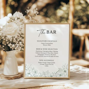 Plantilla de menú de bebidas para bodas, menú floral de líneas finas, menú de cócteles editable, señalización de bar, menú de bar, flores botánicas FLORA