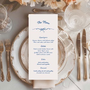 Modelo de cardápio de casamento desenhado à mão, casamento caprichoso, manuscrito, modelo Canva editável, laço de fita desenhado à mão JES