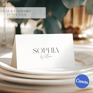 Modello di segnaposto stampabile, segnaposto pieghevoli, biglietti da visita per matrimoni, cartellino minimalista per eventi, elegante biglietto da visita con calligrafia
