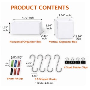 Puede incluir: Imagen de los contenidos del producto: una caja organizadora rectangular blanca (12 x 4,5 x 6 cm), una caja organizadora cuadrada blanca (6 x 10 x 6 cm), seis mini clips, cuatro ganchos en forma de S (7 cm de largo) y cuatro clips de encuadernación de acero.
