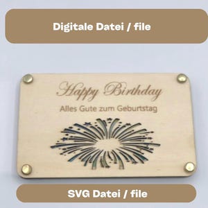 Fichier laser SVG carte en bois / carte cadeau / emballage d'argent / anniversaire / Joyeux anniversaire avec feux d'artifice