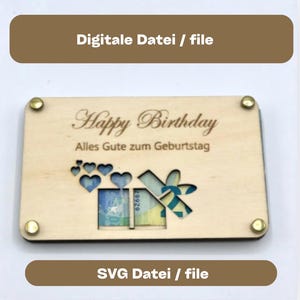 Archivo láser SVG, tarjeta de madera, tarjeta de regalo, envoltorio de dinero, cumpleaños, Feliz cumpleaños con regalo y corazones