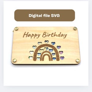 Fichier laser SVG carte en bois / carte cadeau / emballage d'argent / anniversaire / Joyeux anniversaire avec arc-en-ciel et cœurs téléchargement instantané