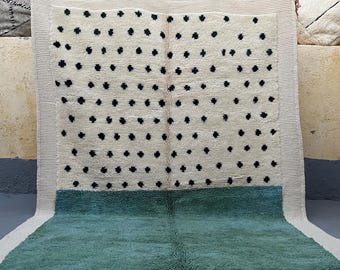 Green Moroccan Berber Rug | Cream Black Dot Wool Boho Carpet