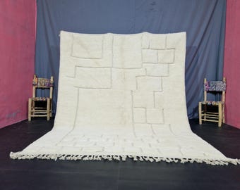 White Moroccan Beni Ourain Rug – Handmade Wool Area Carpet with Textured Geometric Design