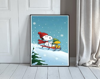 Snoopy Sledding Christmas Poster | Peanuts Winter Wall Art | Holiday Printable | Kids Room Decor | Digital Download or Physical Print