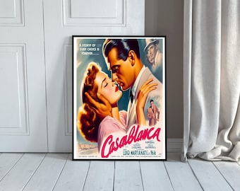 Manifesto del film Casablanca - Arte murale di film classici - Stampa di Humphrey Bogart e Ingrid Bergman - Decorazione cinematografica vintage - Manifesto con opera d'arte romantica