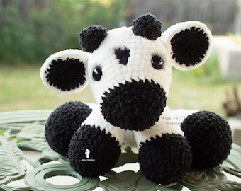 Crochet Cow Plush - Dairy Cow Plush - Velvet Stuffed Crochet Animal - With Spots and Eyelashes - Black - White - Poseable - Made to Order