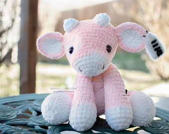 Crochet Cow Plush - Strawberry Cow Plush - Velvet Stuffed Crochet Animal - With Spots - Pink- White - Poseable - Made to Order