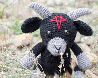 Goat Plush - Stuffed Crochet Animal - Black - Gray - Poseable - Evil Goat - Made to Order