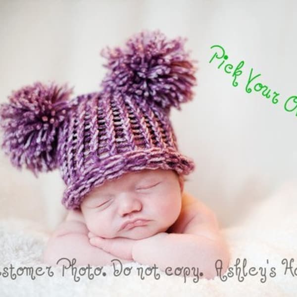 Pick Your Own Color - EAR HAT Newborn Baby Flat Top Hat Purple Pink Green Blue Brown White with Pom Poms - Photography Prop