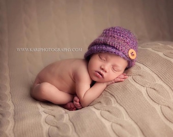 Newborn Newsboy Hat - Gray or Purple Newboys Hat - Crochet Hat - Alpaca Yarn - Photography Prop