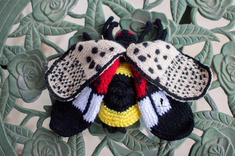 Spotted Lanternfly Plush Stuffed Crochet Animal Crochet Bug Red Yellow Poseable Made to Order image 10