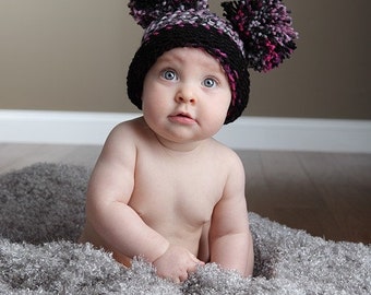 Baby Ear Hat - Pink Plaid Pom Pom Hat - Pink Plaid - Knit Hat - 6 to 12 months - Photography Prop
