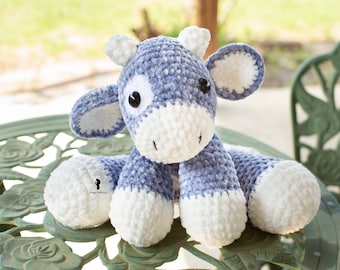 Crochet Cow Plush - Blueberry Cow Plush - Velvet Stuffed Crochet Animal - With or Without Spots - Blue - White - Poseable - Made to Order