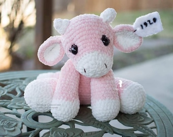 Crochet Cow Plush - Strawberry Cow Plush - Velvet Stuffed Crochet Animal - Pink- White - Poseable - Made to Order