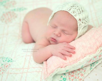 Cable Knit Newborn Bonnet - Knit Bonnet - Newborn Bonnet - Neutral Bonnet - Off White - Merino - Cables and Lace Bonnet - Photo Prop