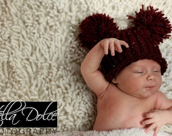 Raspberry Ice Cream with Sprinkles EAR HAT Newborn Baby Flat Top Hat Photo Prop in Raspberry Red with Pom Poms