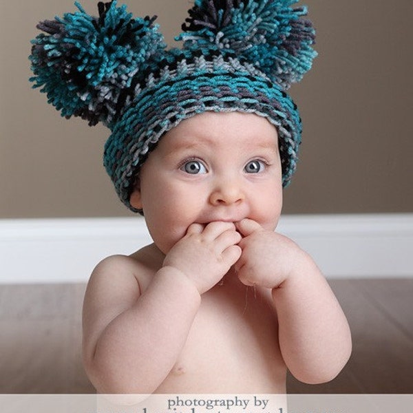Baby Ear Hat - Blue Plaid Pom Pom Hat- Blue Plaid - Knit Hat - 6 to 12 months - Photography Prop
