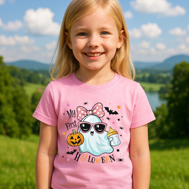 May include: A pink t-shirt with a Halloween-themed graphic. The design features a cartoon ghost wearing sunglasses and a bow, holding a bottle, and a jack-o'-lantern. The text "My First Halloween" is printed on the shirt.