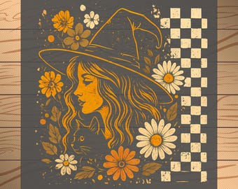 Checkered Witch DTF Transfer: Floral Retro Halloween Design, Ready to Press